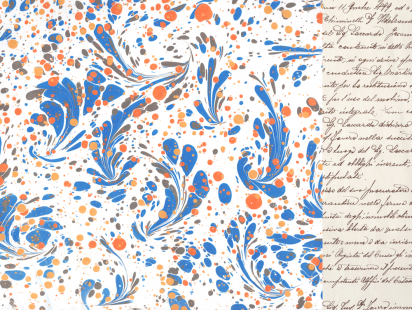 Cover Artist: Slightly Foxed Issue 55, Jemma Lewis, Hand-marbled paper, ‘Bloomsbury Blue & Orange Botanical’